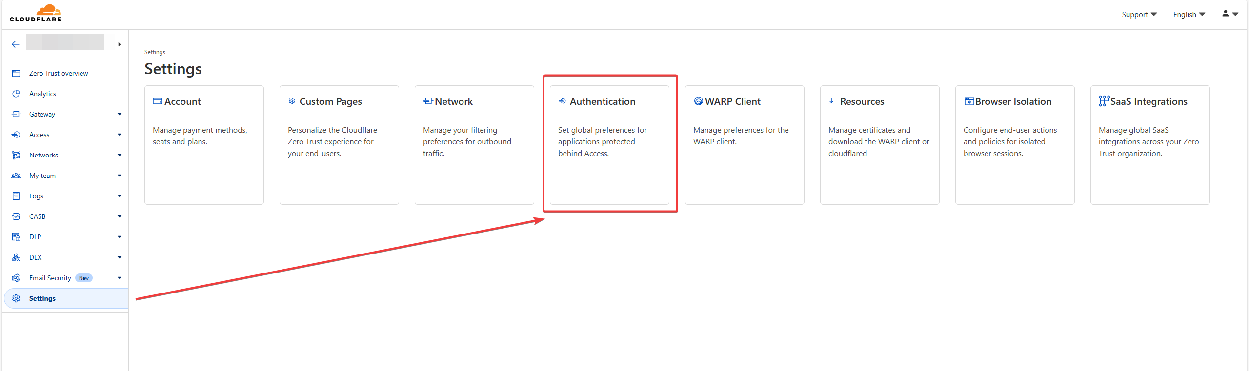 Authentication card under Settings in Cloudflare Access