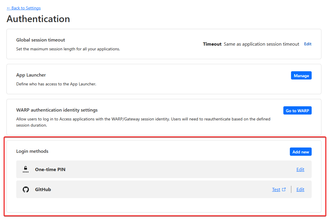 Login methods under Authentication section