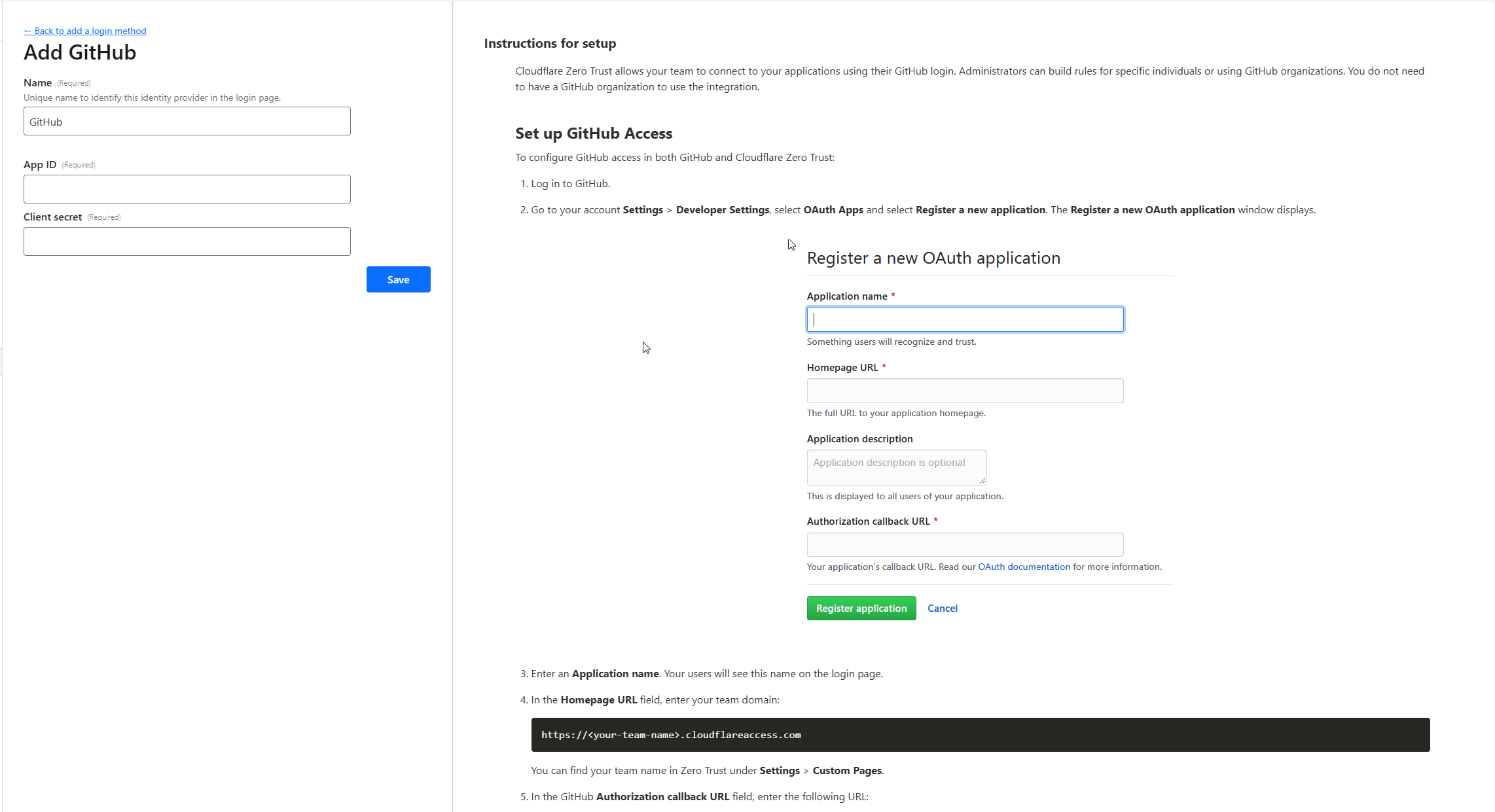 GitHub login method configuration