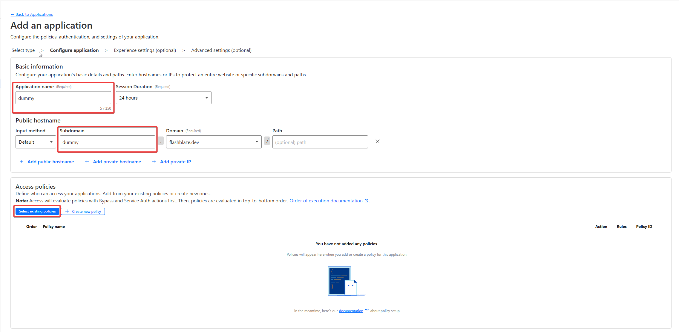 Configure application, adding basic information
